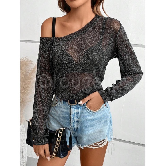 Black Lurex Sheer Black Long Sleeve Asymmetrical Neck - Picture 2 of 9